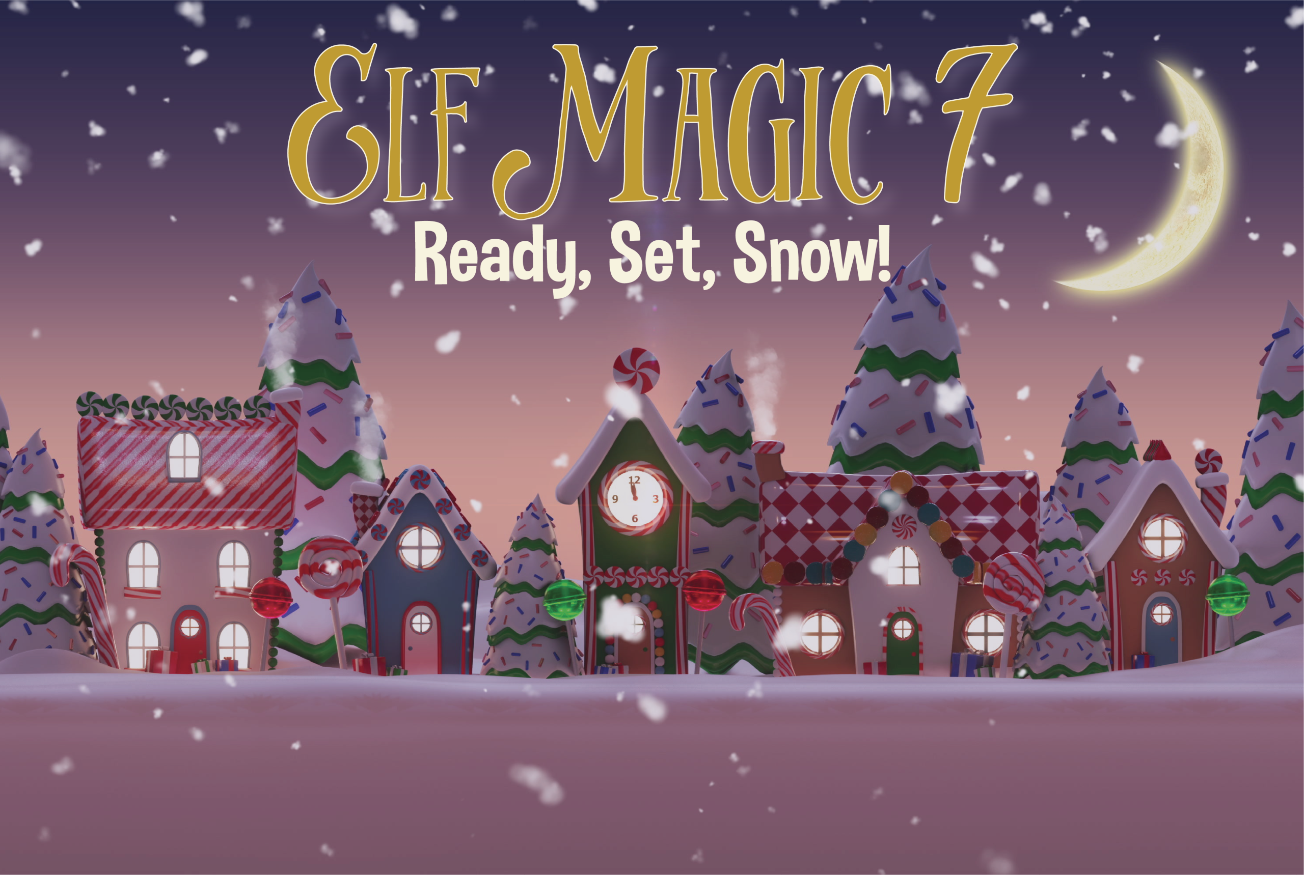 Elf Magic 7: Ready, Set, Snow! Cartoon village of the North Pole with falling snow